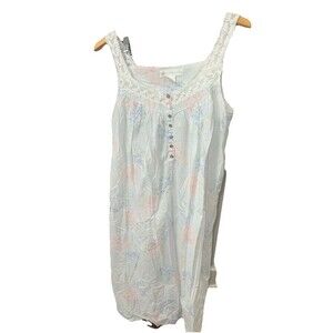 Vintage Eileen West Nightgown Blue  Pink Floral Lace Sleeveless Cottagecore M